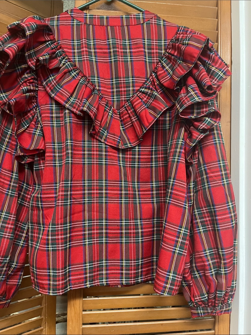 Red Plaid Ruffle Button-Front Women's Top - Picture 6 of 6